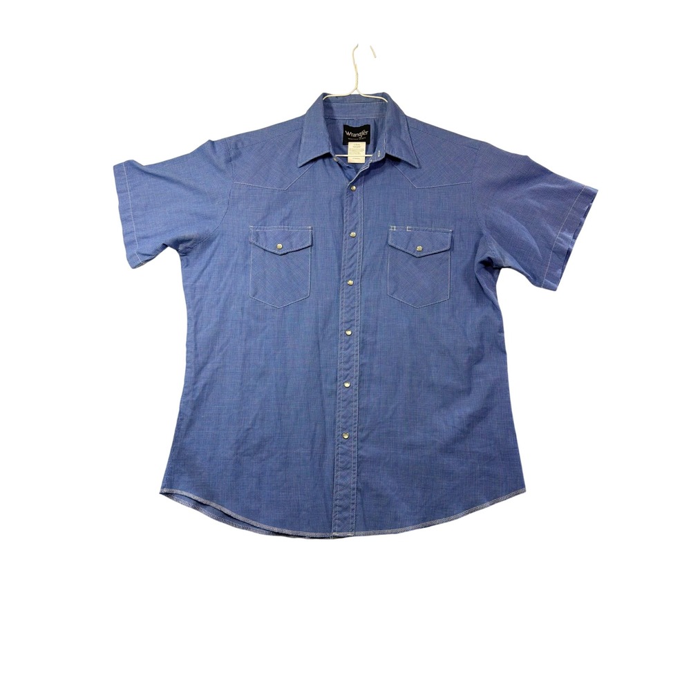 Wrangler Western Shirt Mens Large Blue Micro Check Pearl Snap Short Sleeve